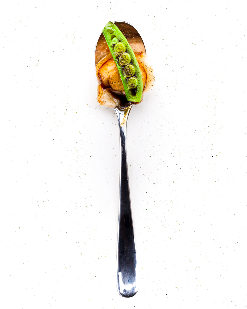 Spoonfuls of Inspiration: Anthony Ricco - The Perfect Bite Spoonful portrait of Anthony Ricco titled The Perfect Bite, featuring peekytoe crab, mustard, soy sauce, green chili, basil, and snap pea.