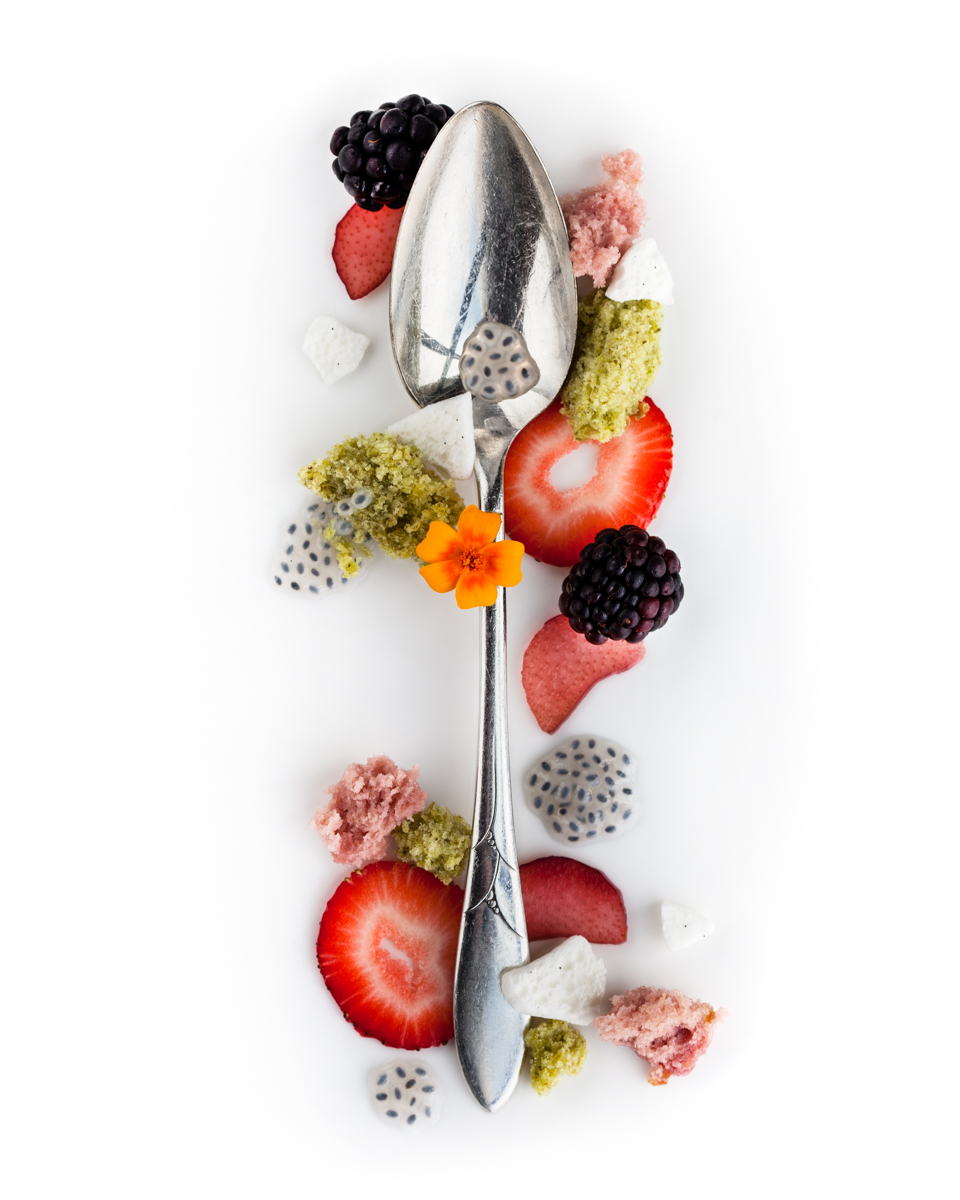 Spoonfuls of Inspiration: Chris Ford - Summertime Sweetness Spoonful portrait of Pastry Chef Chris Ford titled Summertime Sweetness, featuring strawberry and basil sponge cake with poached rhubarb in a vintage Oneida print spoon.