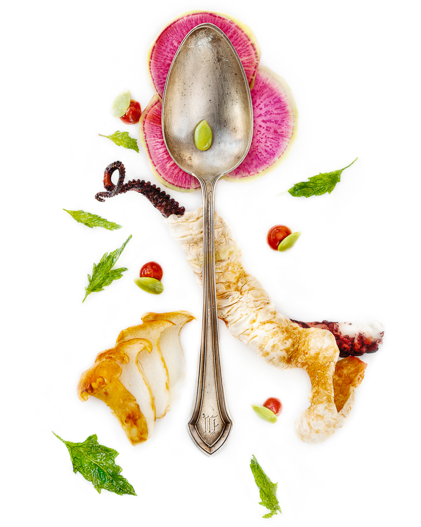 Spoonfuls of Inspiration: Danny Mena - Generations of Flavor Spoonful portrait of Chef Danny Mena titled Generations of Flavor, featuring octopus, bone marrow, and epazote in an ergonomically perfect heirloom spoon.