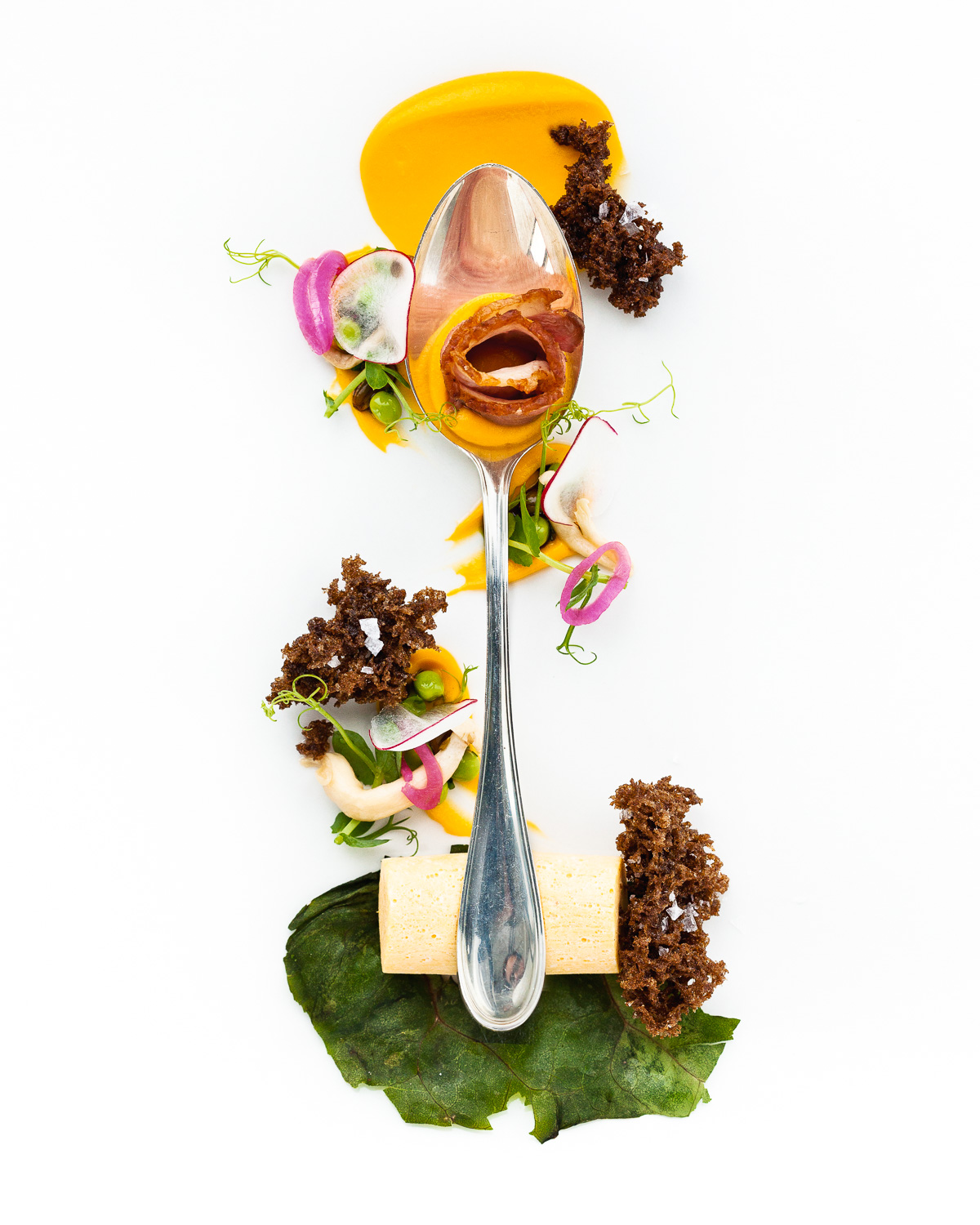 Spoonfuls of Inspiration: Edi Frauneder - The Craft of Autumn Spoonful portrait of Chef Edi Frauneder titled The Craft of Autumn, featuring smoked duck breast, squash puree, pumpernickel, dehydrated kale, pickled beech mushroom, and pea shoots in a silver spoon.