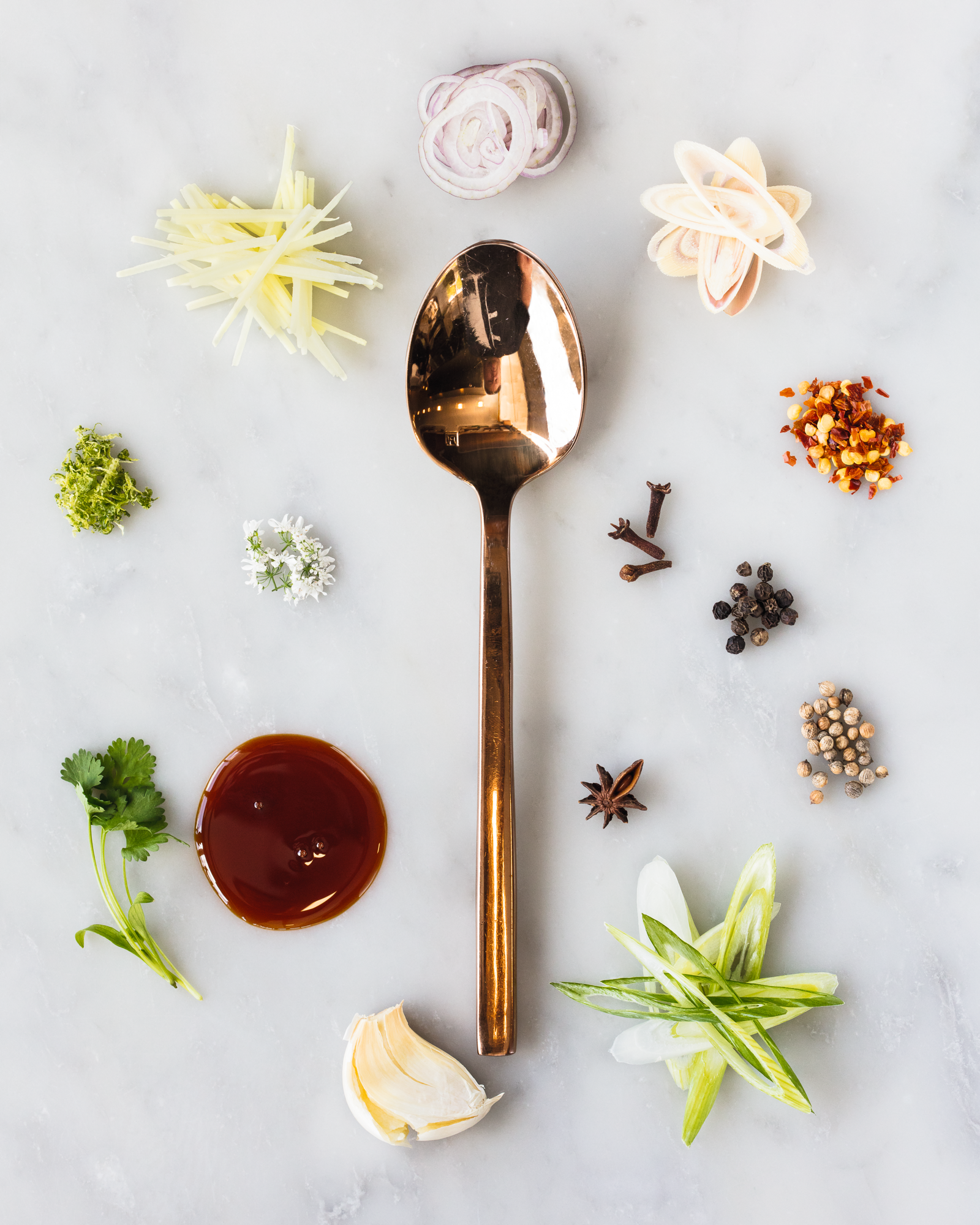 Spoonfuls of Inspiration: Ehren Ryan - Modern Melting Pot Spoonful portrait of Chef Ehren Ryan titled Modern Melting Pot, featuring lemongrass, ginger, and soy caramel in the first spoon purchased for his restaurant Common Lot.