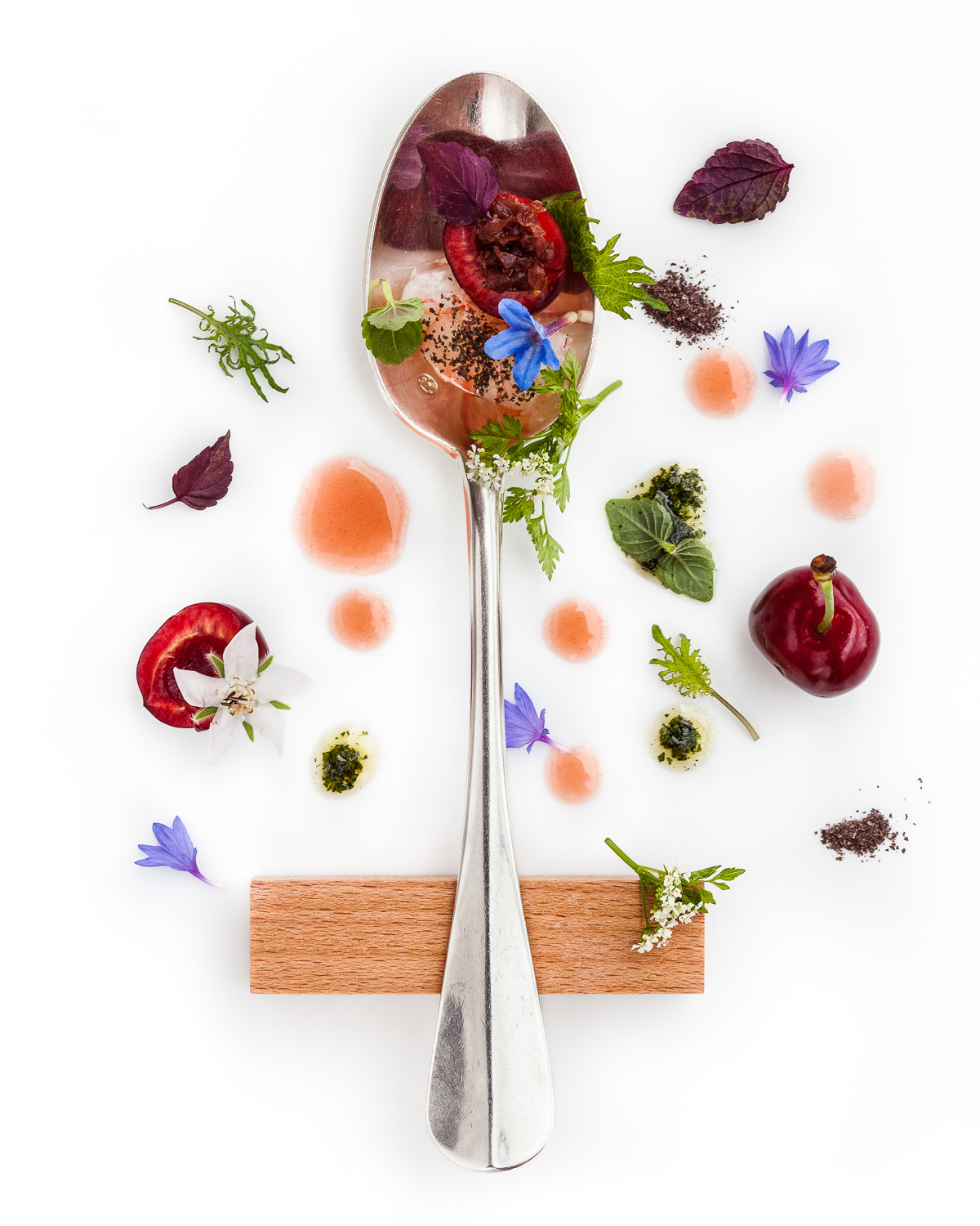 Spoonfuls of Inspiration: Enrico Crippa - Cibo Stagionale Spoonful portrait of Chef Enrico Crippa titled Cibo Stagionale, featuring prawns from the Ligurian sea, cherries, and orange juice with hand-selected herbs and flowers.