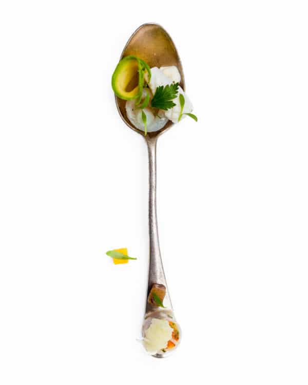 Spoonfuls of Inspiration: Gavin Kaysen - Stir & Taste Spoonful portrait of Chef Gavin Kaysen featuring avocado, cilantro, chilies, sea bass, and squid in a specialized tasting spoon.
