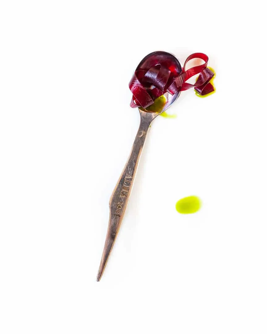 Spoonfuls of Inspiration: Jon Kallini - The Perfect Measure Spoonful portrait of Chef Jon Kallini titled The Perfect Measure, featuring beet gel noodles and anise hyssop oil in a unique ruler-engraved precision spoon.