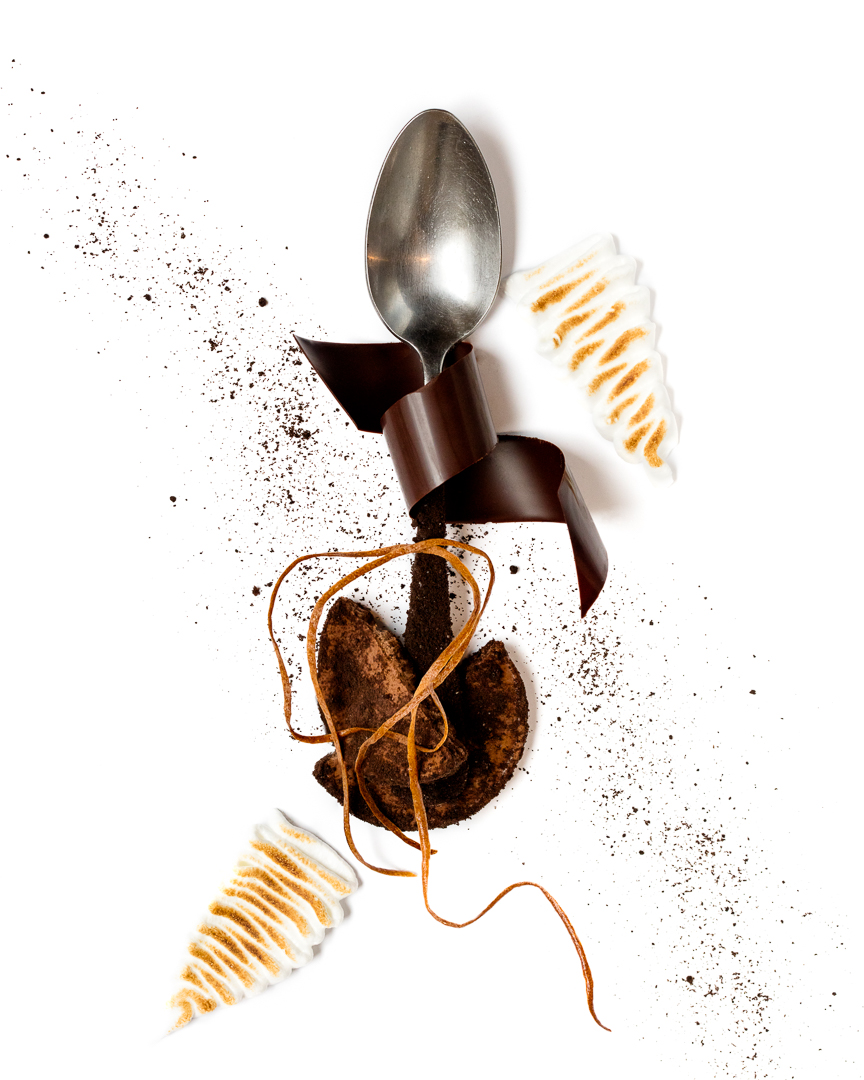 Spoonfuls of Inspiration: Milton Abel II - Oreo Inspiration Spoonful portrait of Pastry Chef Milton Abel II titled Oreo Inspiration, featuring milk chocolate crémeux, Oreo cookie crumble, and banana crisp.