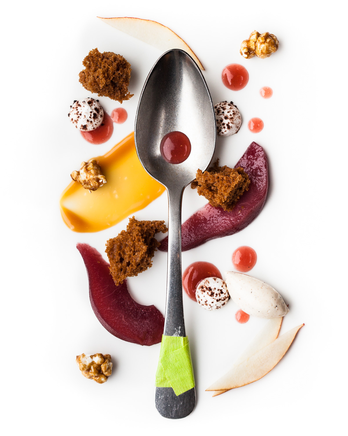 Spoonfuls of Inspiration: Stephen Collucci - What Grows Together Spoonful portrait of Pastry Chef Stephen Collucci titled What Grows Together, featuring pear in multiple preparations alongside a classic quenelle spoon.