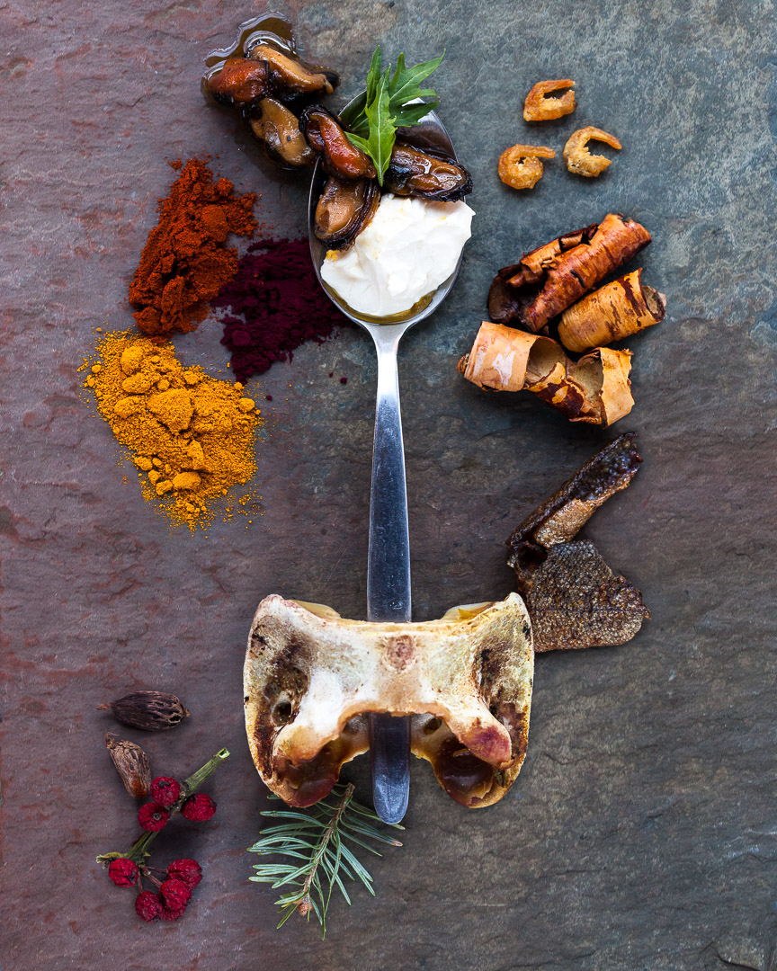 Spoonfuls of Inspiration: Will Horowitz - Slow and Low Spoonful portrait of Chef Will Horowitz featuring smoked goat vertebrae, sumac, and kelp in a classic well-weighted teenage spoon.